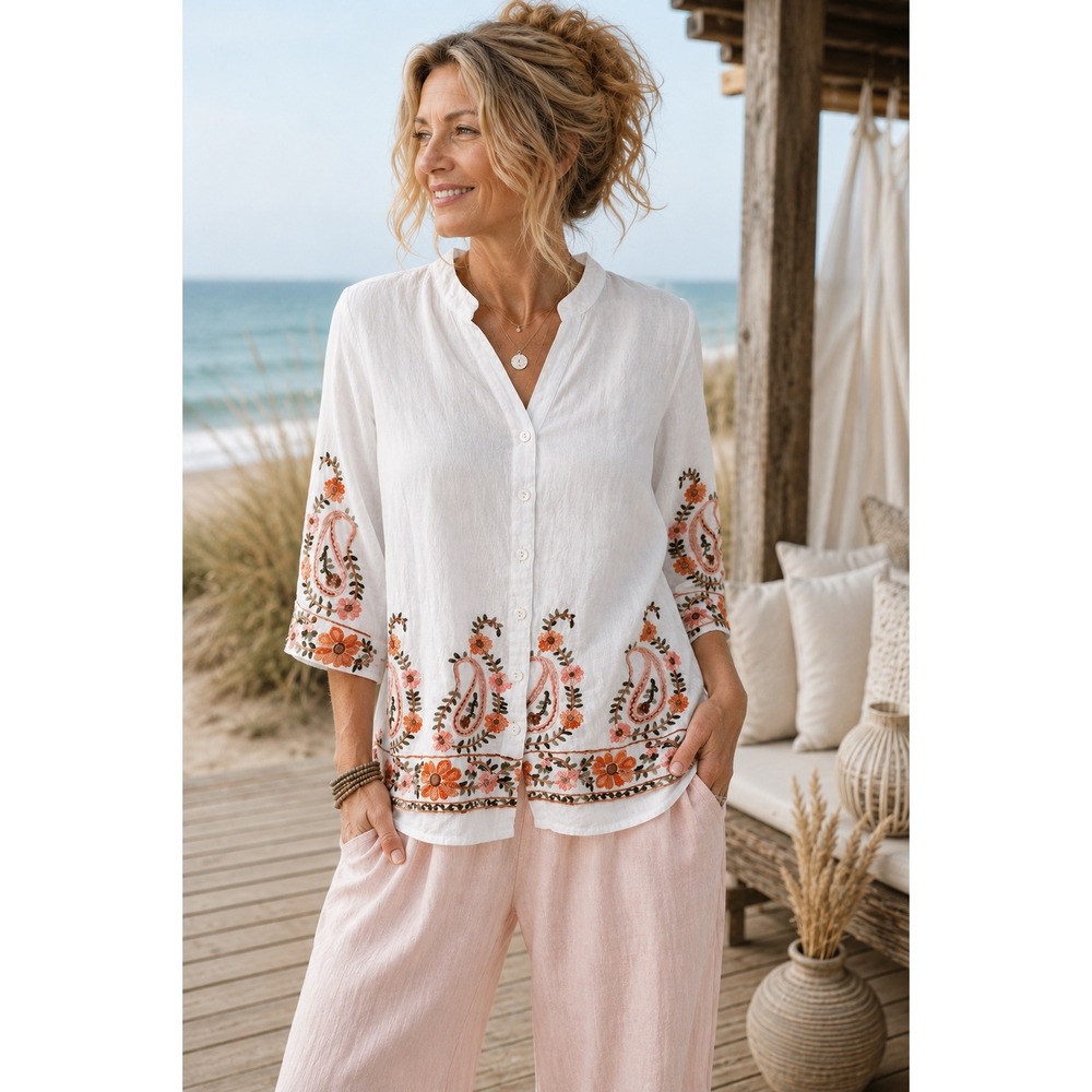 Ana & Rose Embroidered Paisley Floral Boho Linen Look Blouse White Medium